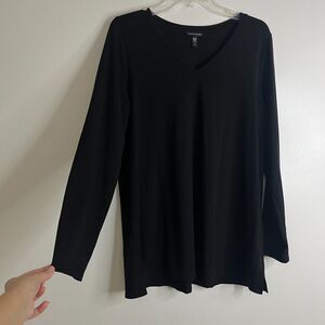 Eileen Fisher Black Pullover Top Long Sleeve Tencel Blend Stretch V-Neck Sz M